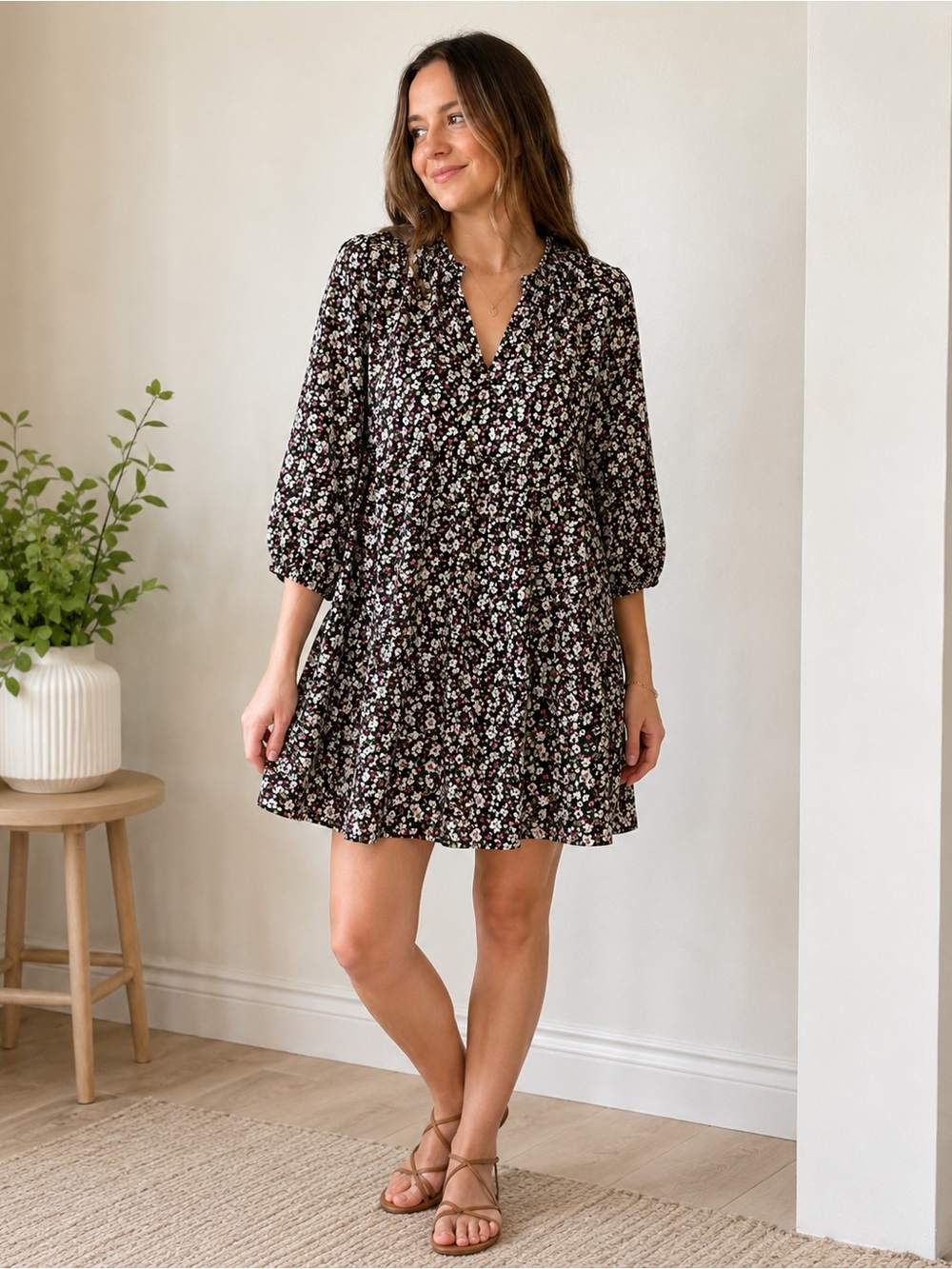 The Drop x Caralyn Mirand Floral Mini Dress Medium Black Puff Sleeve Babydoll